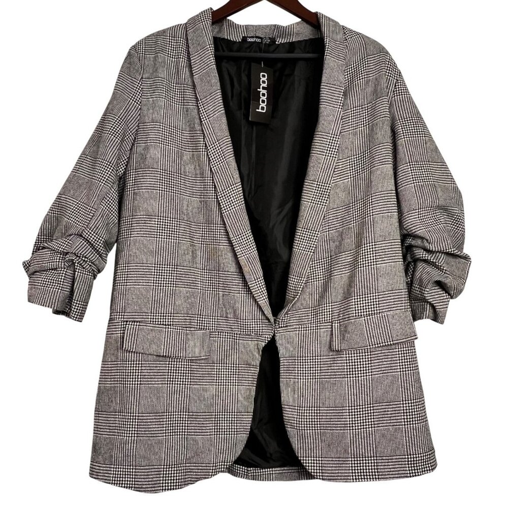 Boohoo Womens Plus Size Dogtooth Prince Of Wales Check Blazer 22 Italy  NWT